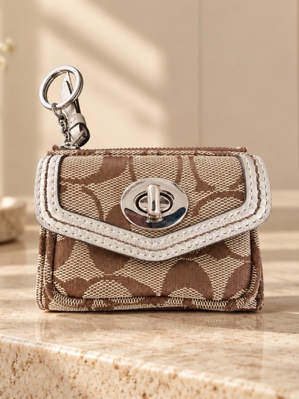 Vintage Coach Mini Key Chain Wallet in Brown and Cream